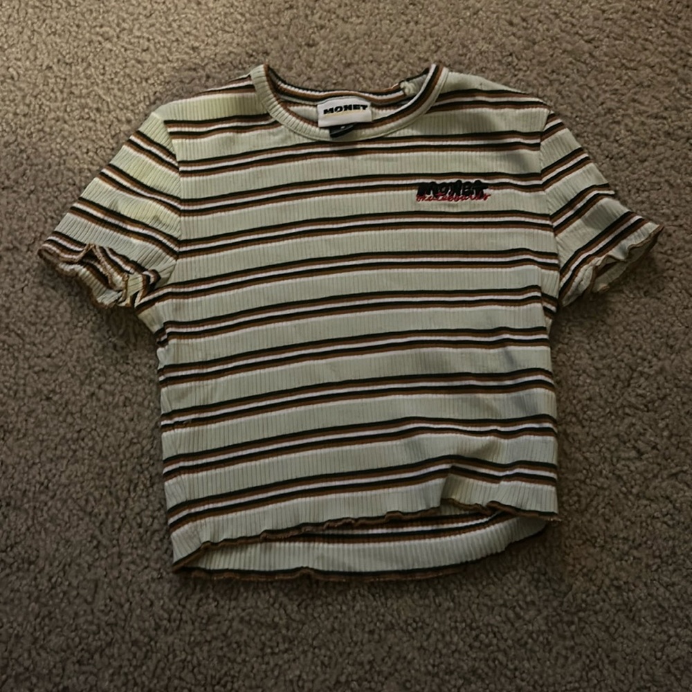 Green and black striped cropped top. Monet skateboard shirt